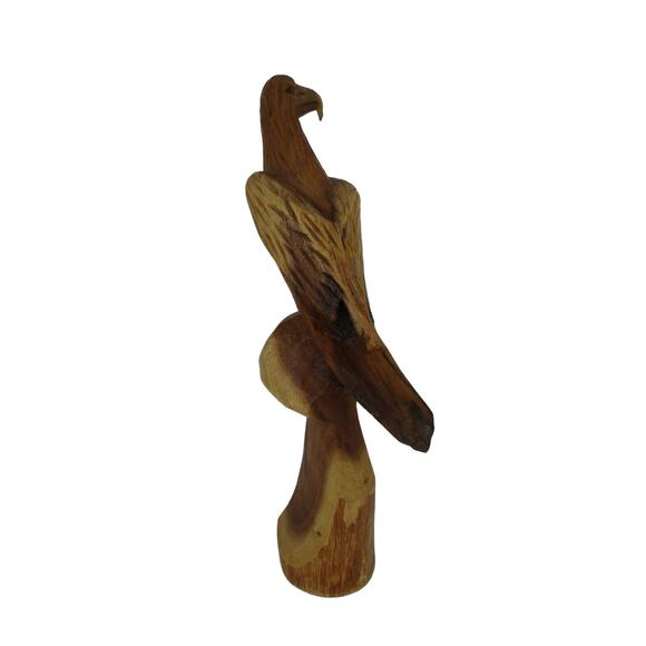 Hand Carved Bird Sitting on Log Wood Beautiful Bird Stained Natural 13" Tall - Picture 5 of 9